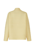 The CREPE KNIT by PLEATS PLEASE ISSEY MIYAKE is a light yellow, long-sleeved, ribbed high-neck jacket with a horizontal textured pattern, made from recycled polyester and shown from the back against a plain white background.