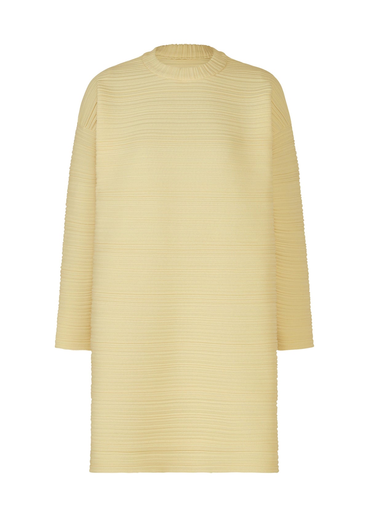 The CREPE KNIT dress by PLEATS PLEASE ISSEY MIYAKE is a cream, knee-length, long-sleeve piece in recycled polyester with a high neckline, straight relaxed fit, subtle horizontal ribbing, no visible fastenings, and is machine-washable. view 2 of 6