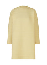 The CREPE KNIT dress by PLEATS PLEASE ISSEY MIYAKE is a cream, knee-length, long-sleeve piece in recycled polyester with a high neckline, straight relaxed fit, subtle horizontal ribbing, no visible fastenings, and is machine-washable. - CREAM YELLOW （no.30）
