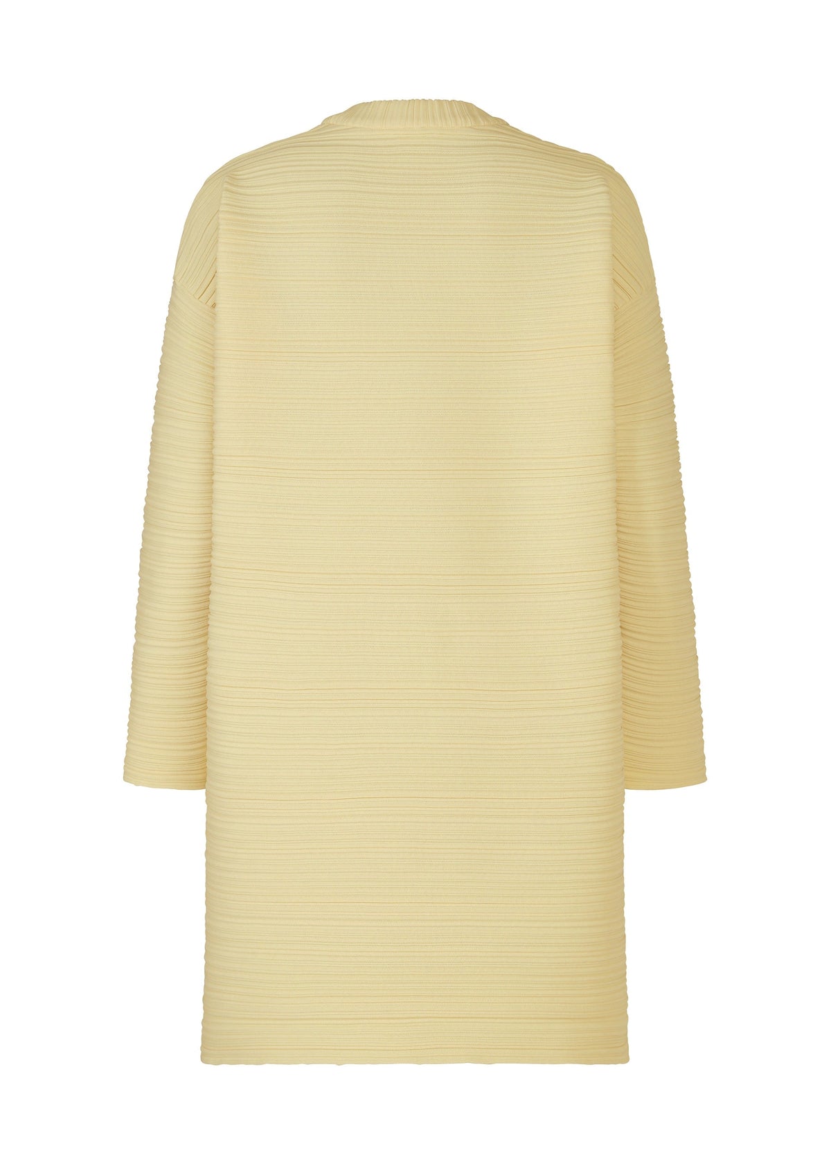 Back view of the CREPE KNIT tunic-style coat by PLEATS PLEASE ISSEY MIYAKE, in light beige or pale yellow ribbed recycled polyester. Features a straight silhouette, no visible fastenings, and is fully machine-washable. view 3 of 6