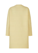 Back view of the CREPE KNIT tunic-style coat by PLEATS PLEASE ISSEY MIYAKE, in light beige or pale yellow ribbed recycled polyester. Features a straight silhouette, no visible fastenings, and is fully machine-washable.
