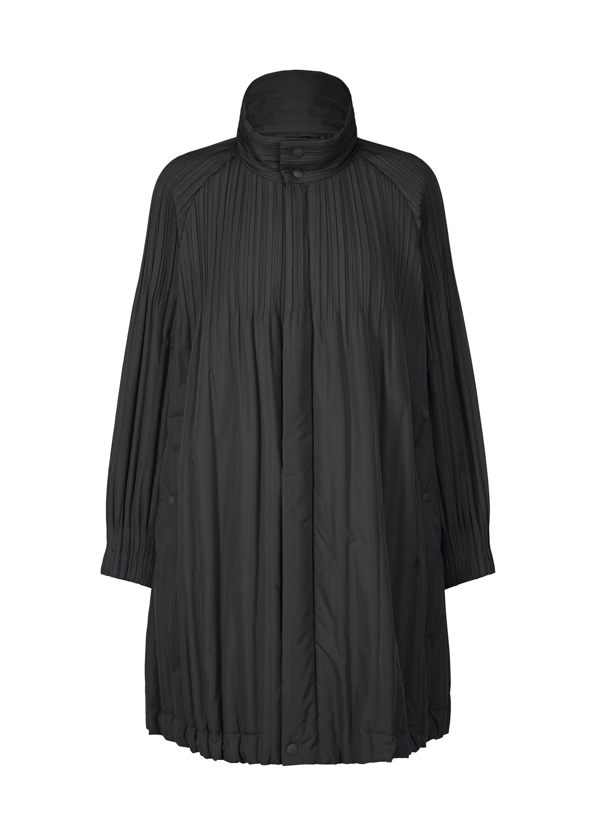 The PADDED PLEATS COAT by PLEATS PLEASE ISSEY MIYAKE is a black, knee-length coat with front and sleeve pleats, high collar, long relaxed sleeves, button closures, and a loose, oversized cotton-padded silhouette for comfort. view 1 of 7