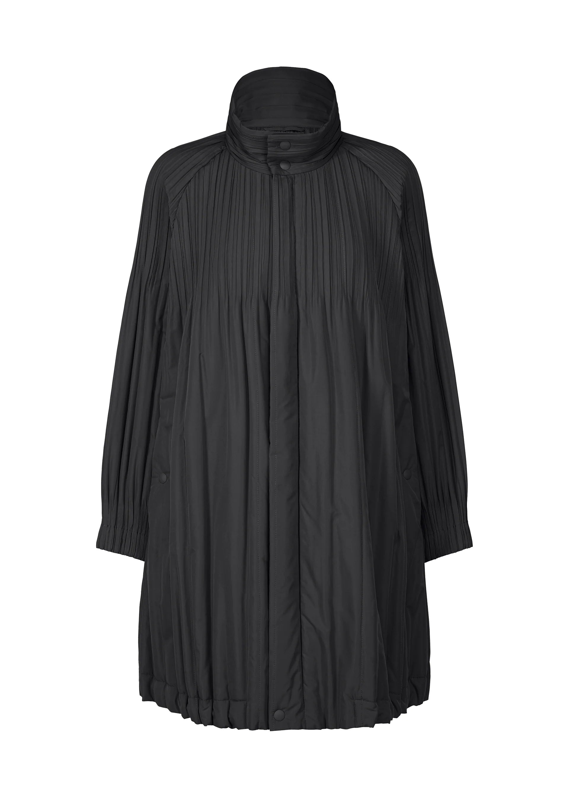 Zoomed view The PADDED PLEATS COAT by PLEATS PLEASE ISSEY MIYAKE is a black, knee-length coat with front and sleeve pleats, high collar, long relaxed sleeves, button closures, and a loose, oversized cotton-padded silhouette for comfort. - BLACK （no.15）