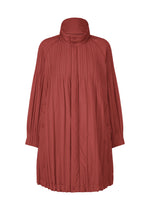 The PADDED PLEATS COAT by PLEATS PLEASE ISSEY MIYAKE is a rust-colored, loose-fitting long coat with pleated detailing, high collar, button front, gathered cuffs, and a quilted design for a relaxed, flowing silhouette. - BROWN RED （no.45）