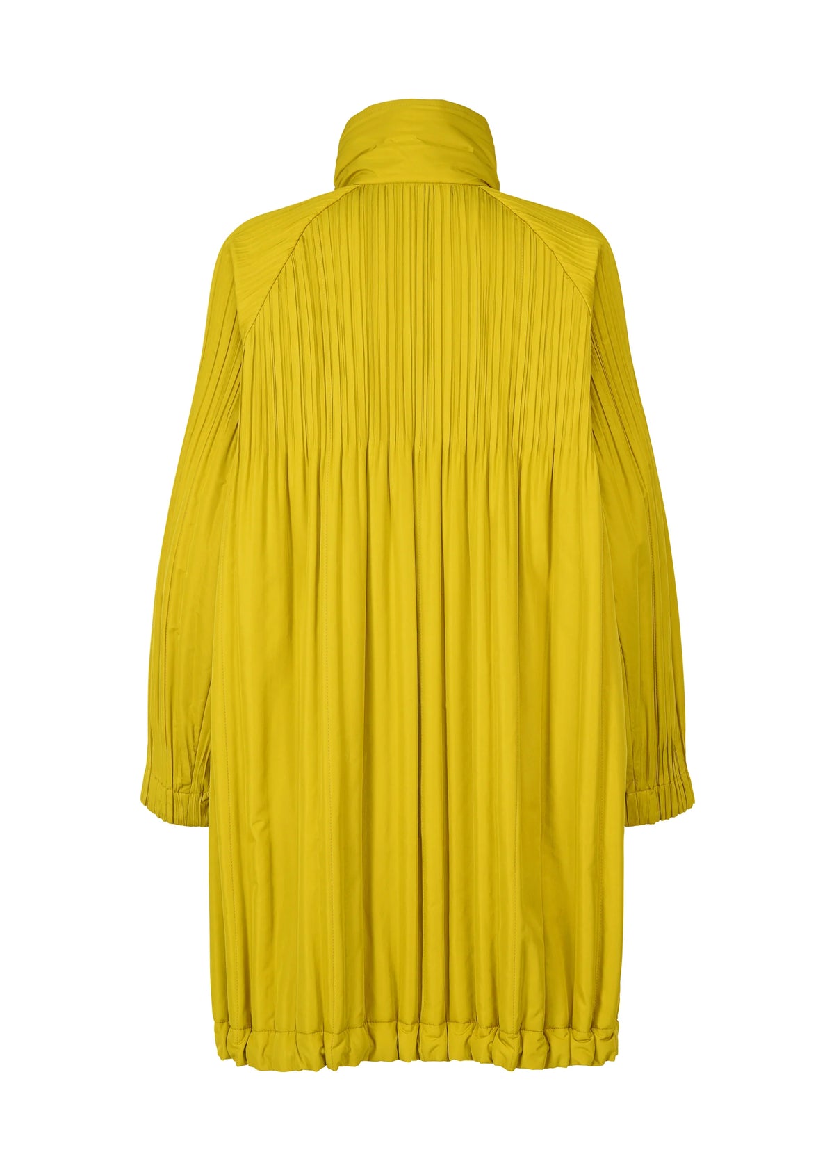 The PADDED PLEATS COAT by PLEATS PLEASE ISSEY MIYAKE is a loose-fitting, long-sleeved yellow coat with a high collar, pleated details on the upper back and sleeves, plus gathered elastic cuffs and hem, shown from the back. view 6 of 7