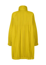 The PADDED PLEATS COAT by PLEATS PLEASE ISSEY MIYAKE is a loose-fitting, long-sleeved yellow coat with a high collar, pleated details on the upper back and sleeves, plus gathered elastic cuffs and hem, shown from the back.