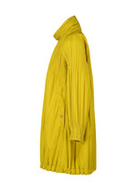 The PADDED PLEATS COAT by PLEATS PLEASE ISSEY MIYAKE is a voluminous yellow cotton coat with long sleeves, pleated high collar, and a loose fit, shown from the side against a white background.