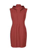 The PADDED PLEATS COAT by PLEATS PLEASE ISSEY MIYAKE features a modern, minimalist silhouette with striking pleated texture, a high collar, and front button details for an elegant finish. - BROWN RED （no.45）