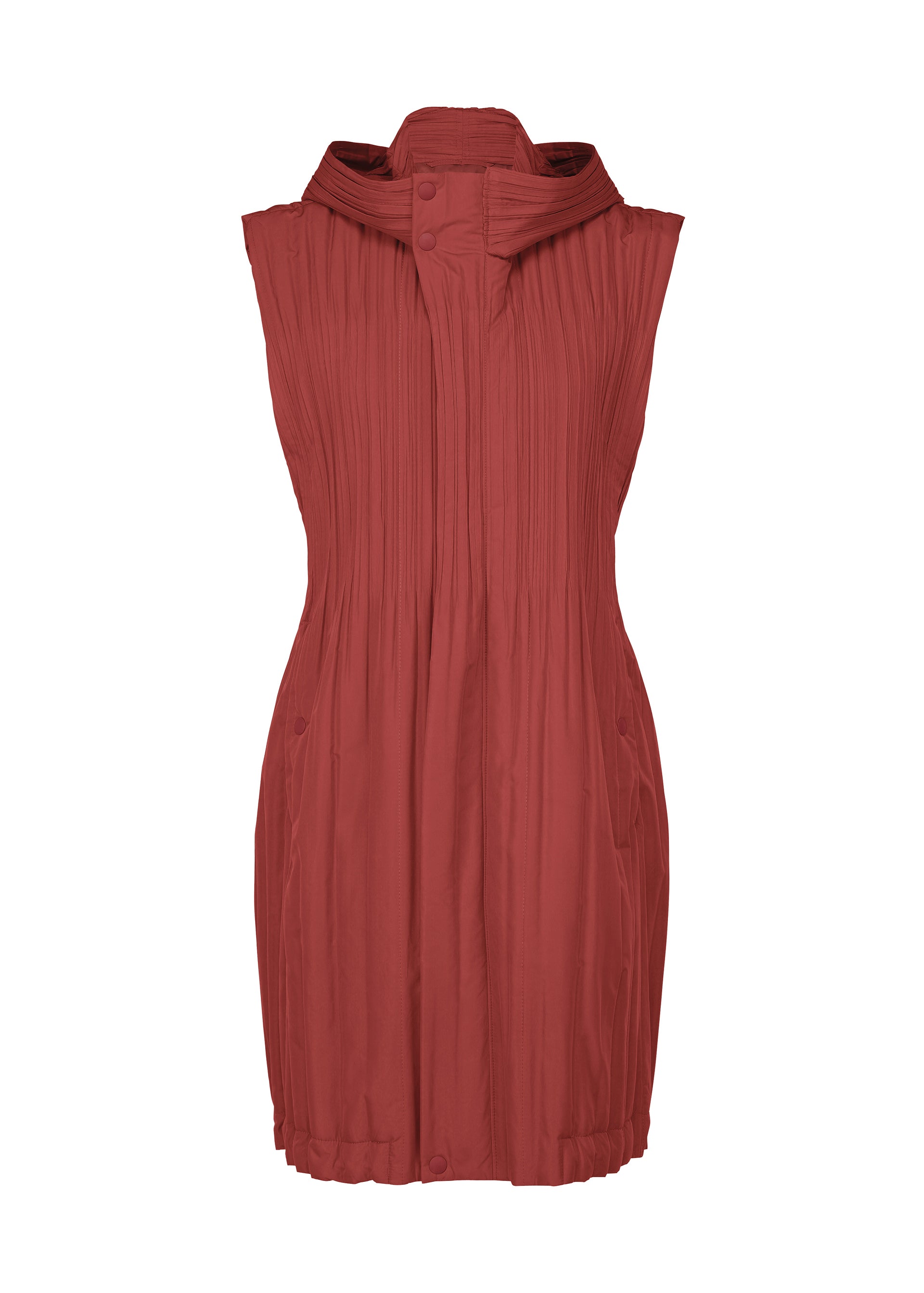 Zoomed view The PADDED PLEATS COAT by PLEATS PLEASE ISSEY MIYAKE features a modern, minimalist silhouette with striking pleated texture, a high collar, and front button details for an elegant finish. - BROWN RED （no.45）