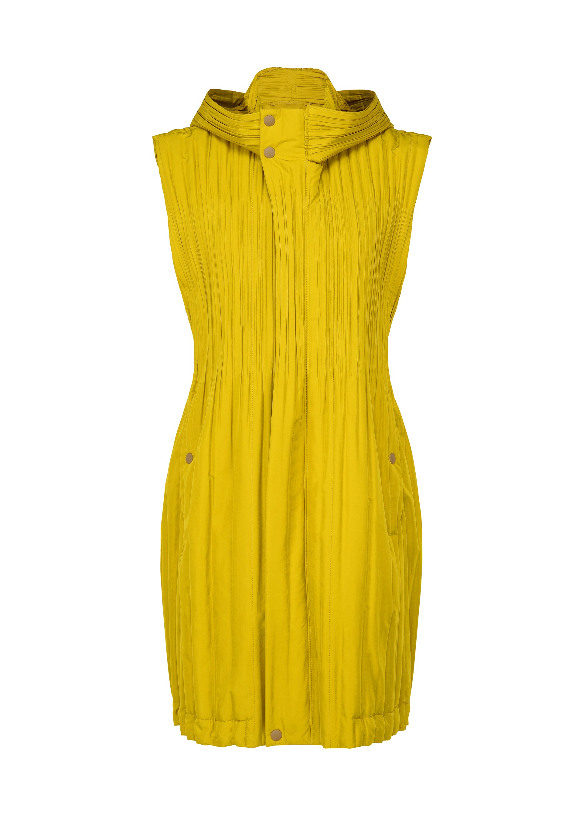 Zoomed view The PADDED PLEATS COAT by PLEATS PLEASE ISSEY MIYAKE features signature pleats, a structured silhouette, and elegant texture for a modern, lightweight look.