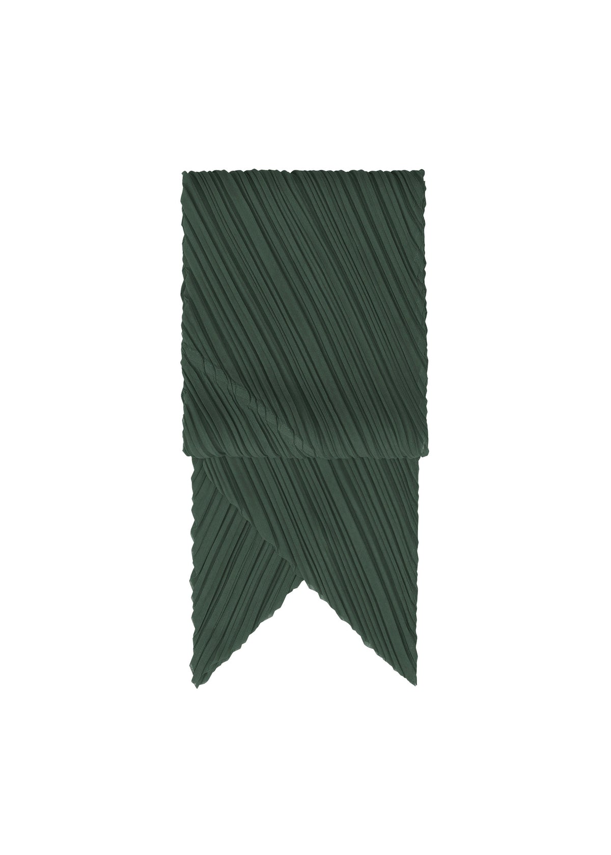 A dark green, pleated rectangular O SCARF DECEMBER by PLEATS PLEASE ISSEY MIYAKE with subdued colors and zigzag edges, folded in half with a ribbon-like tapered end, centered on a white background. view 2 of 6