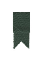 A dark green, pleated rectangular O SCARF DECEMBER by PLEATS PLEASE ISSEY MIYAKE with subdued colors and zigzag edges, folded in half with a ribbon-like tapered end, centered on a white background. - FOREST GREEN （no.64）