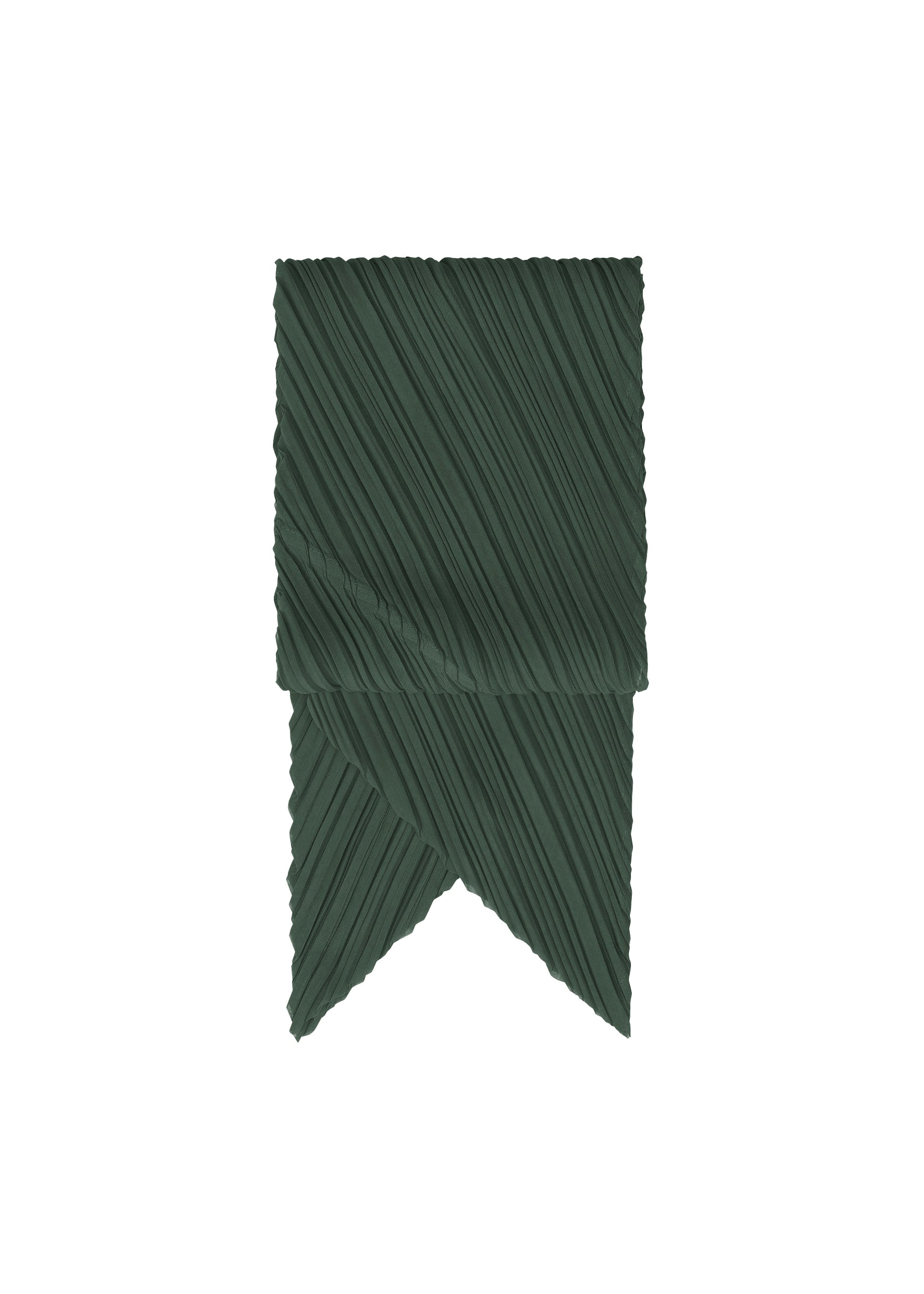 Zoomed view A dark green, pleated rectangular O SCARF DECEMBER by PLEATS PLEASE ISSEY MIYAKE with subdued colors and zigzag edges, folded in half with a ribbon-like tapered end, centered on a white background. - FOREST GREEN （no.64）