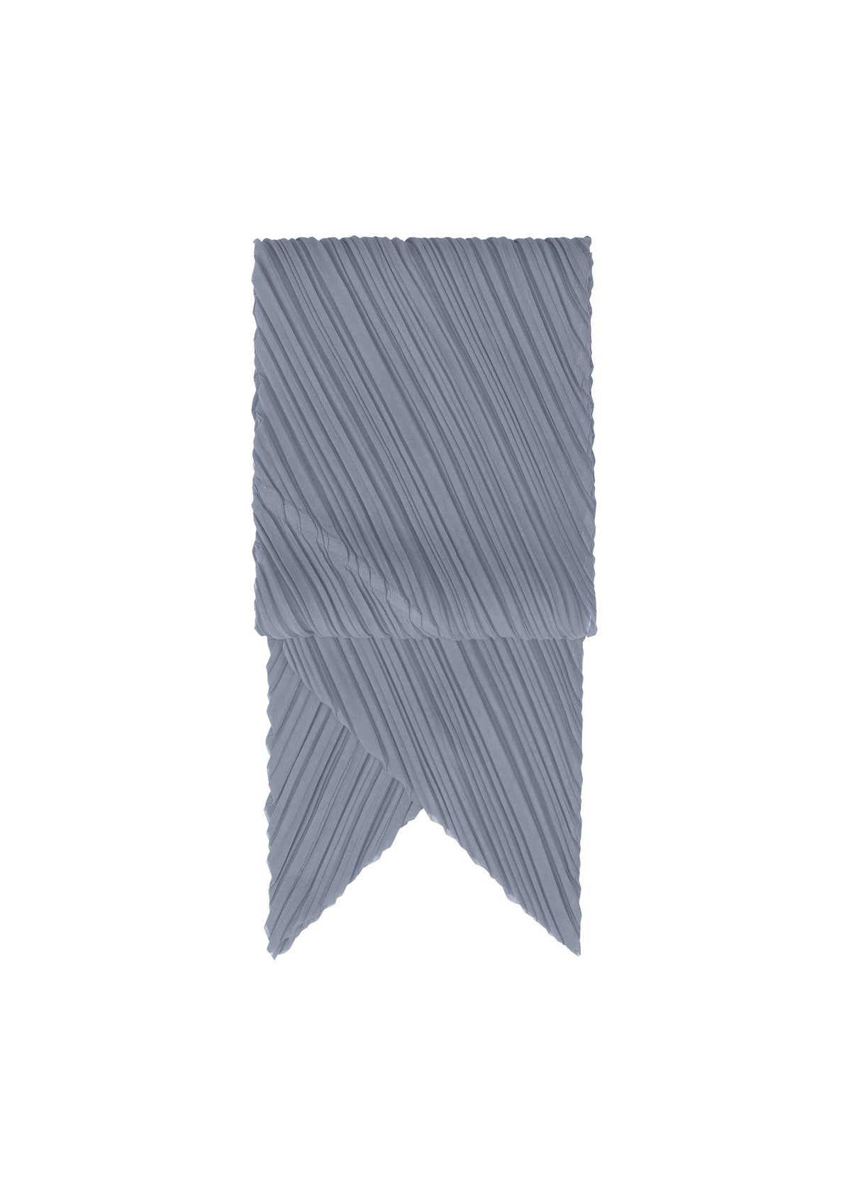 The O SCARF DECEMBER by PLEATS PLEASE ISSEY MIYAKE, a folded light blue pleated scarf, is arranged upright with overlapping pointed ends on a plain white background to highlight its refined texture and subtle colors. view 3 of 6