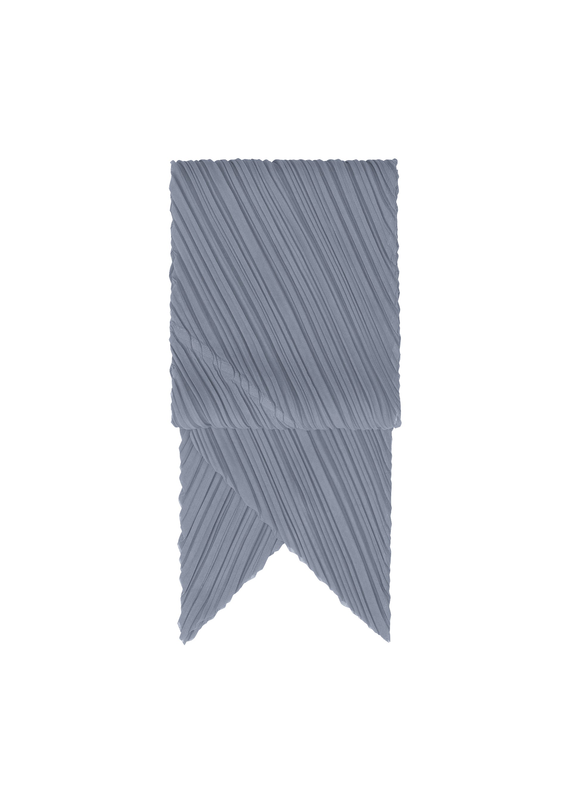 Zoomed view The O SCARF DECEMBER by PLEATS PLEASE ISSEY MIYAKE, a folded light blue pleated scarf, is arranged upright with overlapping pointed ends on a plain white background to highlight its refined texture and subtle colors. - STEEL BLUE （no.74）