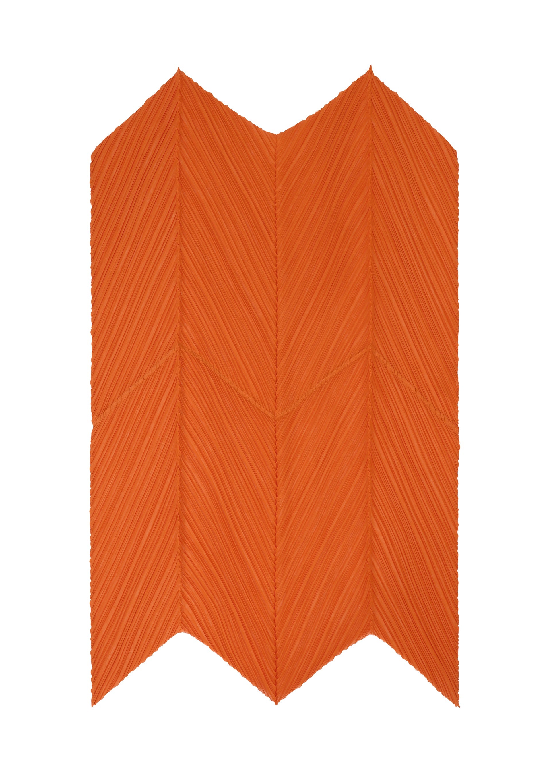 Zoomed view The O SCARF DECEMBER by PLEATS PLEASE ISSEY MIYAKE features an orange, zigzag design with chevron patterns and pleated textures, creating a striking three-dimensional effect on a white background.