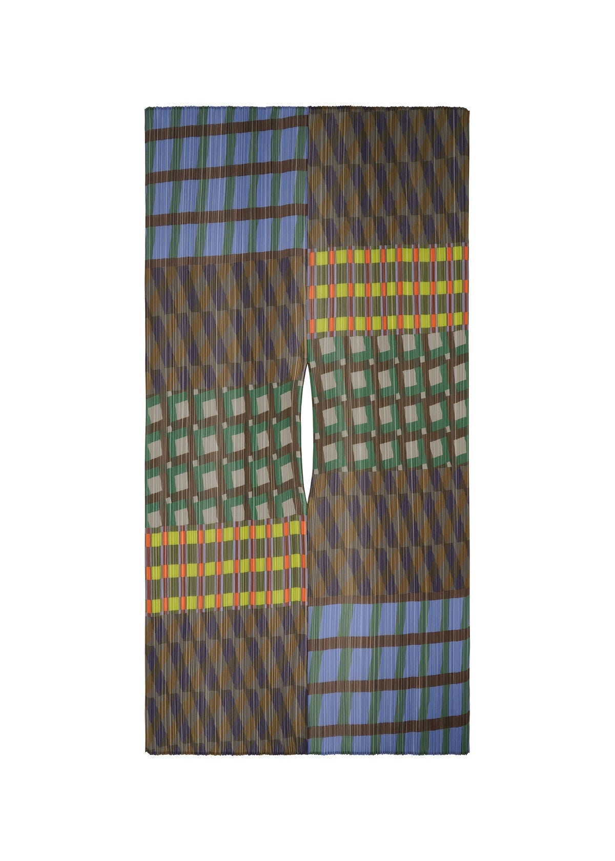The HARMONY MADAME-T by PLEATS PLEASE ISSEY MIYAKE is a large scarf with geometric patterns in green, blue, yellow, red, and brown. It features a central vertical opening and bold stripes, triangles, and rectangles in symmetrical style. view 2 of 4