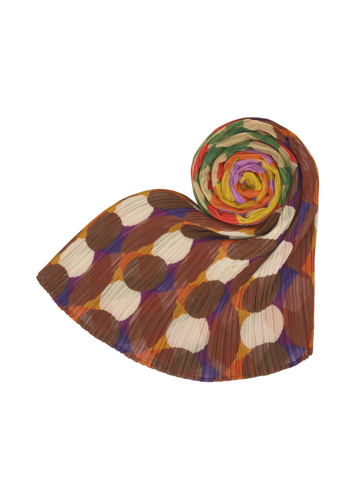 The HARMONY MADAME-T scarf by PLEATS PLEASE ISSEY MIYAKE features pleats and colorful polka dot and geometric patterns in brown, cream, yellow, and purple, arranged in a spiral and fan shape on a white background. view 3 of 4