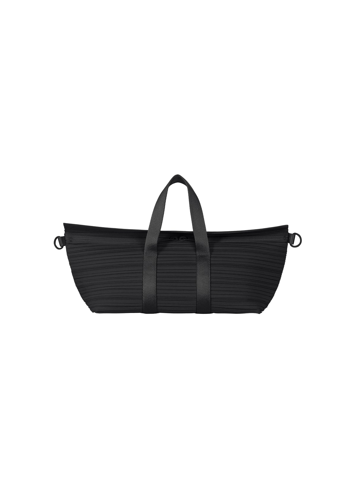 The PLEATS BOSTON BAG by PLEATS PLEASE ISSEY MIYAKE is a black oblong bag with horizontal pleats, two short handles, zipper closure, and end rings for a shoulder strap. Displayed on a white background. view 1 of 6