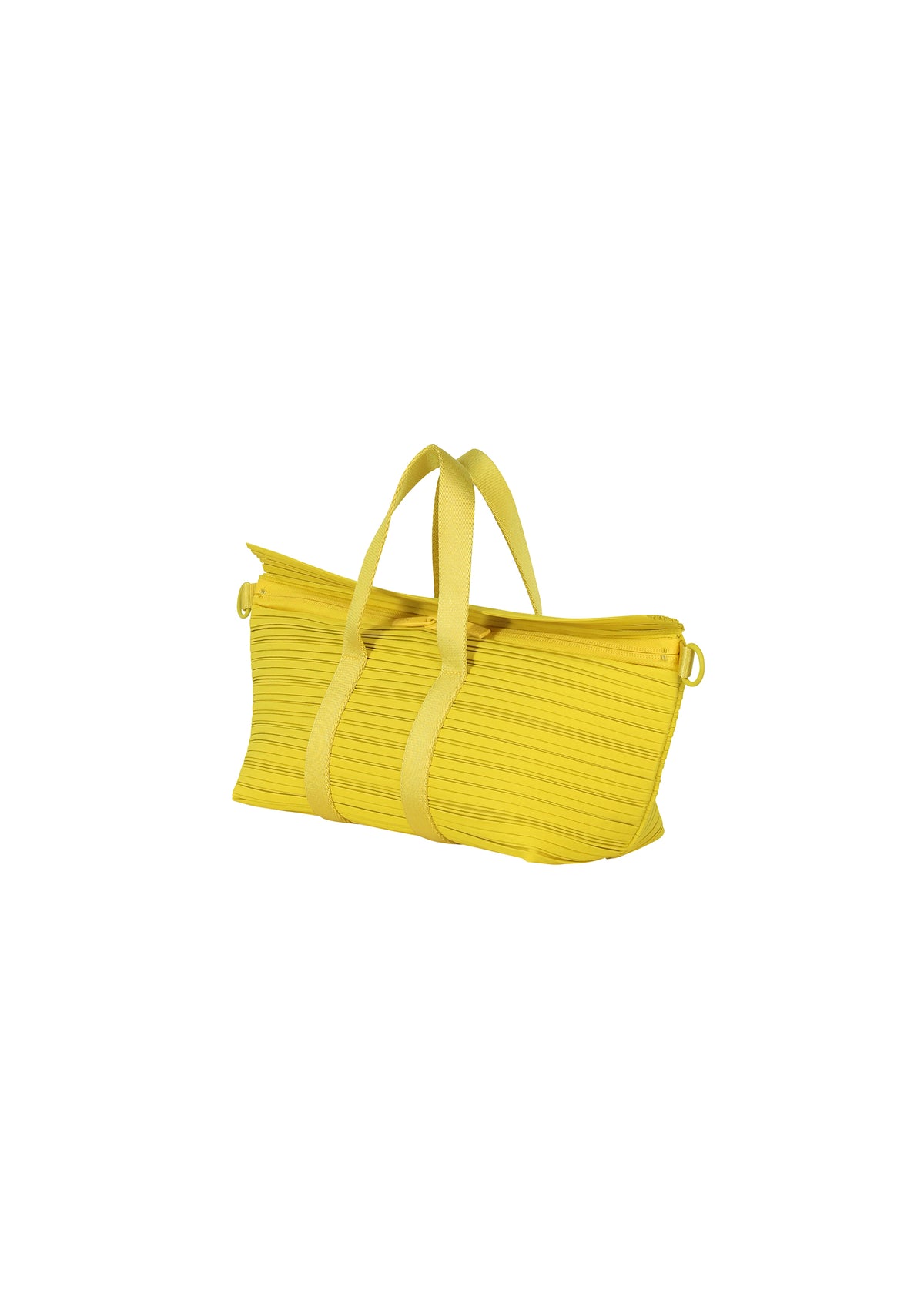 The PLEATS BOSTON BAG by PLEATS PLEASE ISSEY MIYAKE features a bright yellow ribbed texture, two short handles, and a zippered top, shown against a plain white background. view 2 of 6