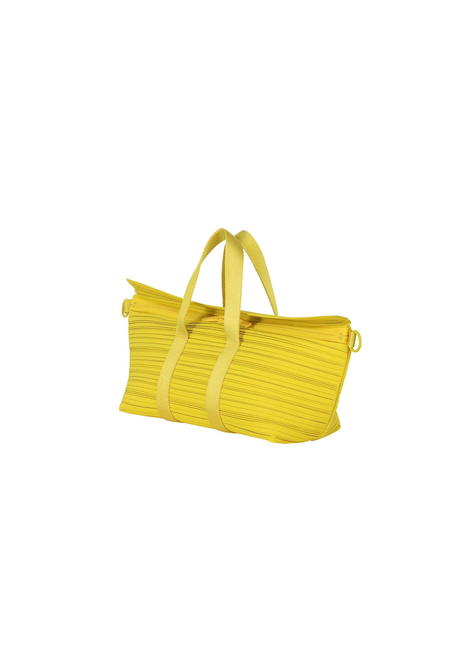 Zoomed view The PLEATS BOSTON BAG by PLEATS PLEASE ISSEY MIYAKE features a bright yellow ribbed texture, two short handles, and a zippered top, shown against a plain white background.