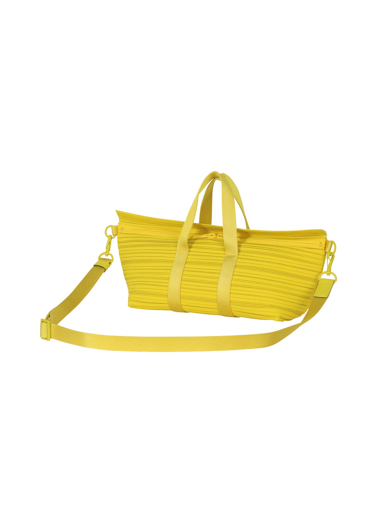 The PLEATS BOSTON BAG by PLEATS PLEASE ISSEY MIYAKE is a bright yellow, oblong bag with textured horizontal pleats, two short handles, a top zipper, and a long adjustable shoulder strap, shown on a white background. view 4 of 6