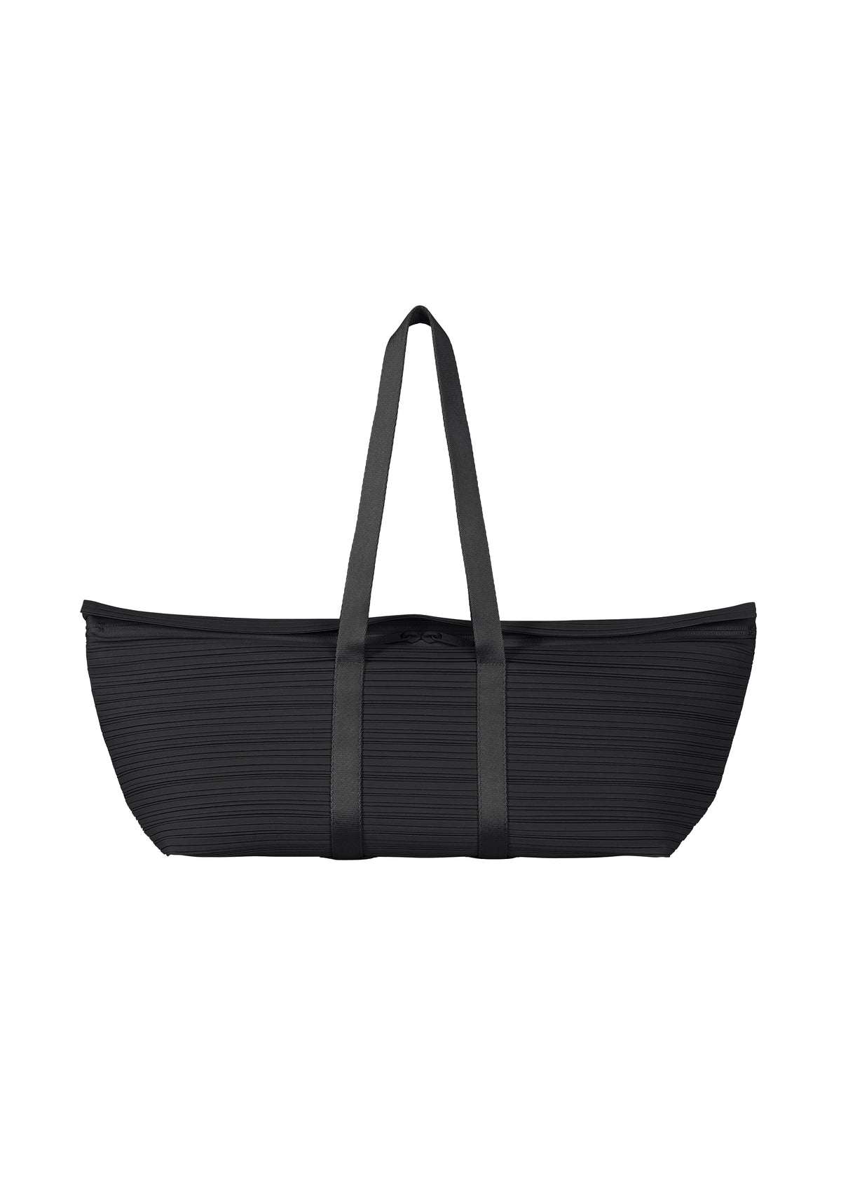 The PP59-AG632 tote bag by PLEATS PLEASE ISSEY MIYAKE features a large, oblong black design with long shoulder straps and a textured surface of horizontal pleats, shown against a white background. view 1 of 4