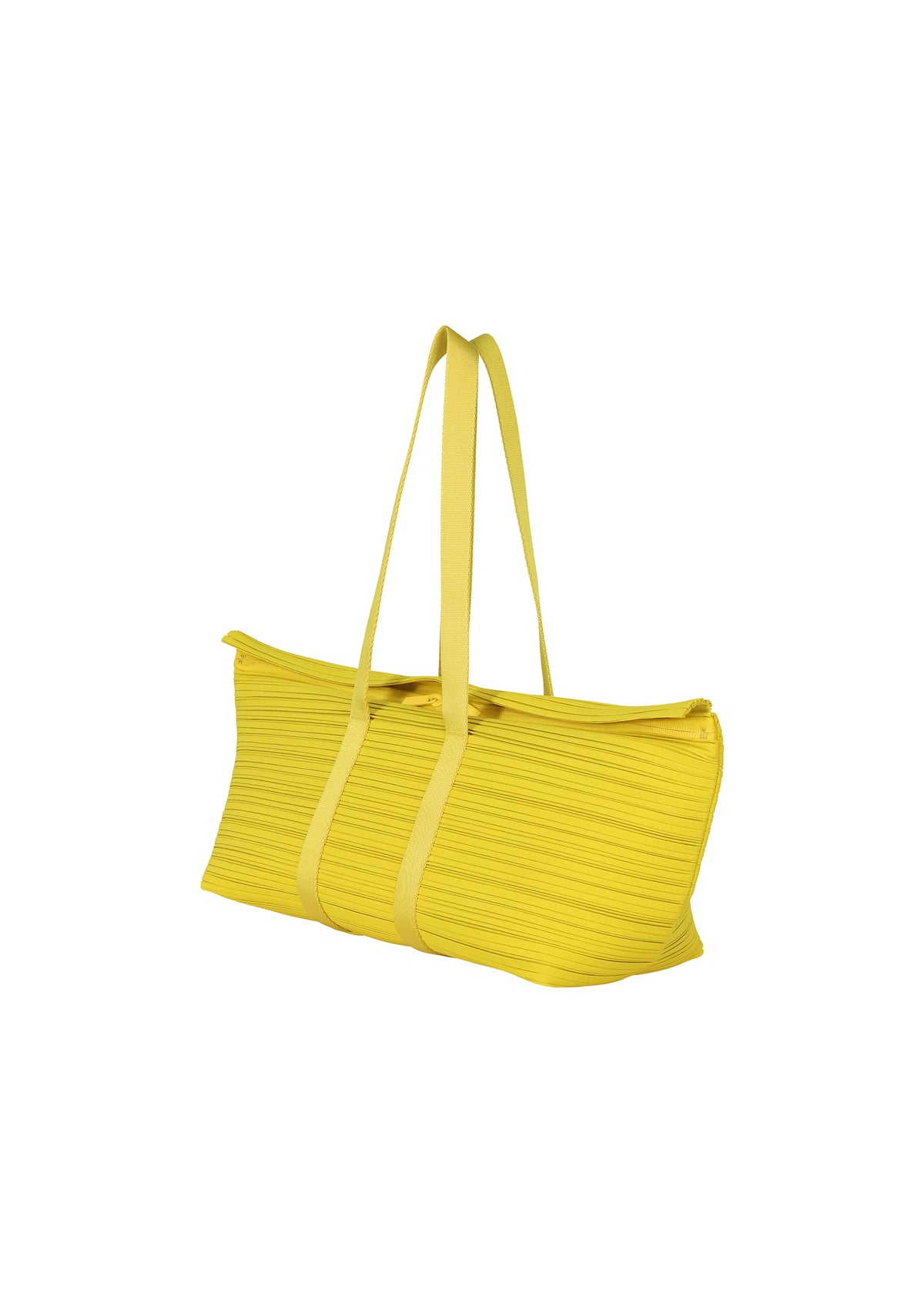 The PLEATS PLEASE ISSEY MIYAKE PP59-AG632 is a yellow oblong tote bag with ribbed fabric, horizontal pleats, long handles, and a zipper closure, shown on a white background. view 2 of 4