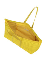 The PP59-AG632 by PLEATS PLEASE ISSEY MIYAKE is a yellow zippered Boston bag with horizontal pleats, an oblong shape, spacious interior, small inner label, two short handles, and a long shoulder strap.