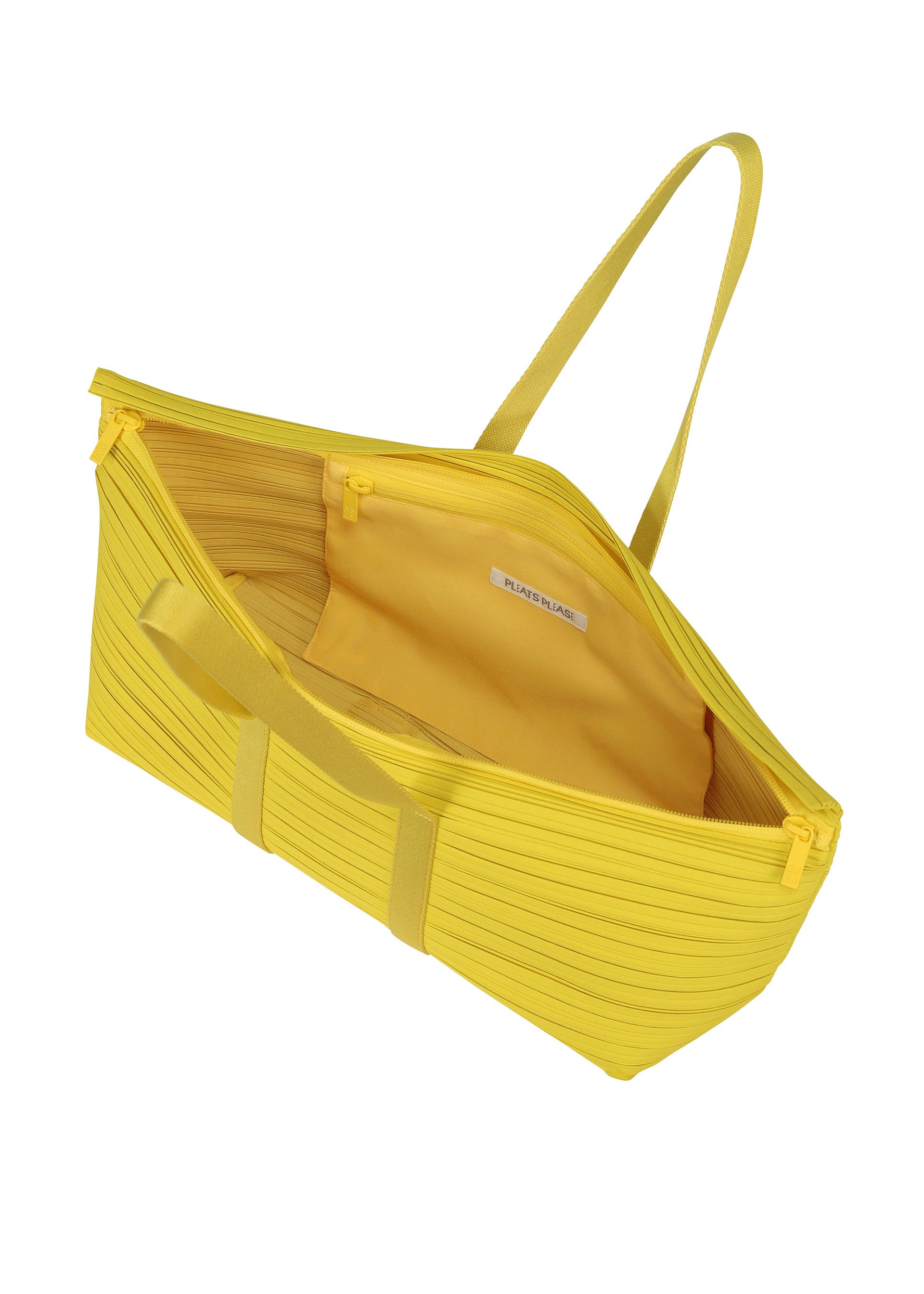 Zoomed view The PP59-AG632 by PLEATS PLEASE ISSEY MIYAKE is a yellow zippered Boston bag with horizontal pleats, an oblong shape, spacious interior, small inner label, two short handles, and a long shoulder strap.