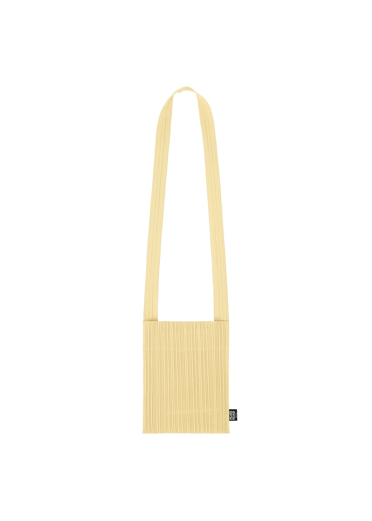 The CREPE KNIT BAG by PLEATS PLEASE ISSEY MIYAKE is a beige pleated pouch shoulder bag with a long strap and a small black label at the lower side, shown against a plain white background. view 2 of 5