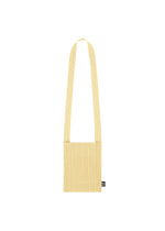 The CREPE KNIT BAG by PLEATS PLEASE ISSEY MIYAKE is a beige pleated pouch shoulder bag with a long strap and a small black label at the lower side, shown against a plain white background. - CREAM YELLOW （no.30）