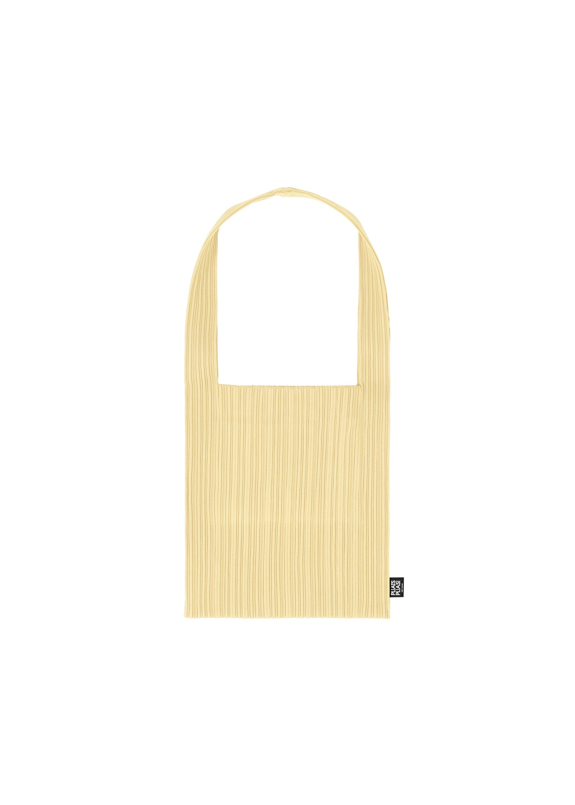 Zoomed view The CREPE KNIT BAG by PLEATS PLEASE ISSEY MIYAKE is a light yellow, rectangular pleated tote with a single handle, front pocket, and small black logo tag in the bottom right corner, shown against a white background. - CREAM YELLOW （no.30）