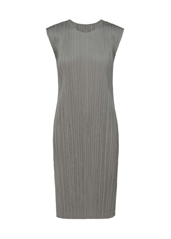 The BASICS dress by PLEATS PLEASE ISSEY MIYAKE is a sleeveless, knee-length gray piece featuring a round neckline and signature vertical pleated texture, showcased against a white background—an effortlessly versatile option for any season. view 4 of 4