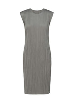 The BASICS dress by PLEATS PLEASE ISSEY MIYAKE is a sleeveless, knee-length gray piece featuring a round neckline and signature vertical pleated texture, showcased against a white background—an effortlessly versatile option for any season. - GRAY （no.12)