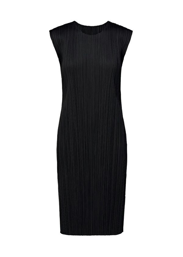 Sleeveless black pleated BASICS dress by PLEATS PLEASE ISSEY MIYAKE, featuring a round neckline and finely pleated fabric, displayed on a plain white background. This elegant seasonal piece showcases a straight, knee-length silhouette perfect for any occasion. view 2 of 4