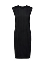Sleeveless black pleated BASICS dress by PLEATS PLEASE ISSEY MIYAKE, featuring a round neckline and finely pleated fabric, displayed on a plain white background. This elegant seasonal piece showcases a straight, knee-length silhouette perfect for any occasion. - BLACK （no.15)