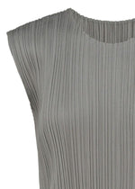 Close-up of the BASICS sleeveless top by PLEATS PLEASE ISSEY MIYAKE in gray, featuring a round neckline and distinctive vertical pleats. The textured fabric offers structure and refined elegance reminiscent of seasonal dress styles. Only the upper portion of this garment is shown.