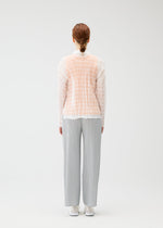 A person with light brown hair tied back stands facing away, wearing the PLEATS PLEASE ISSEY MIYAKE TWISTED BORDER SHIRT under a sheer peach shirt, loose gray pleated pants, and white shoes against a plain light background.