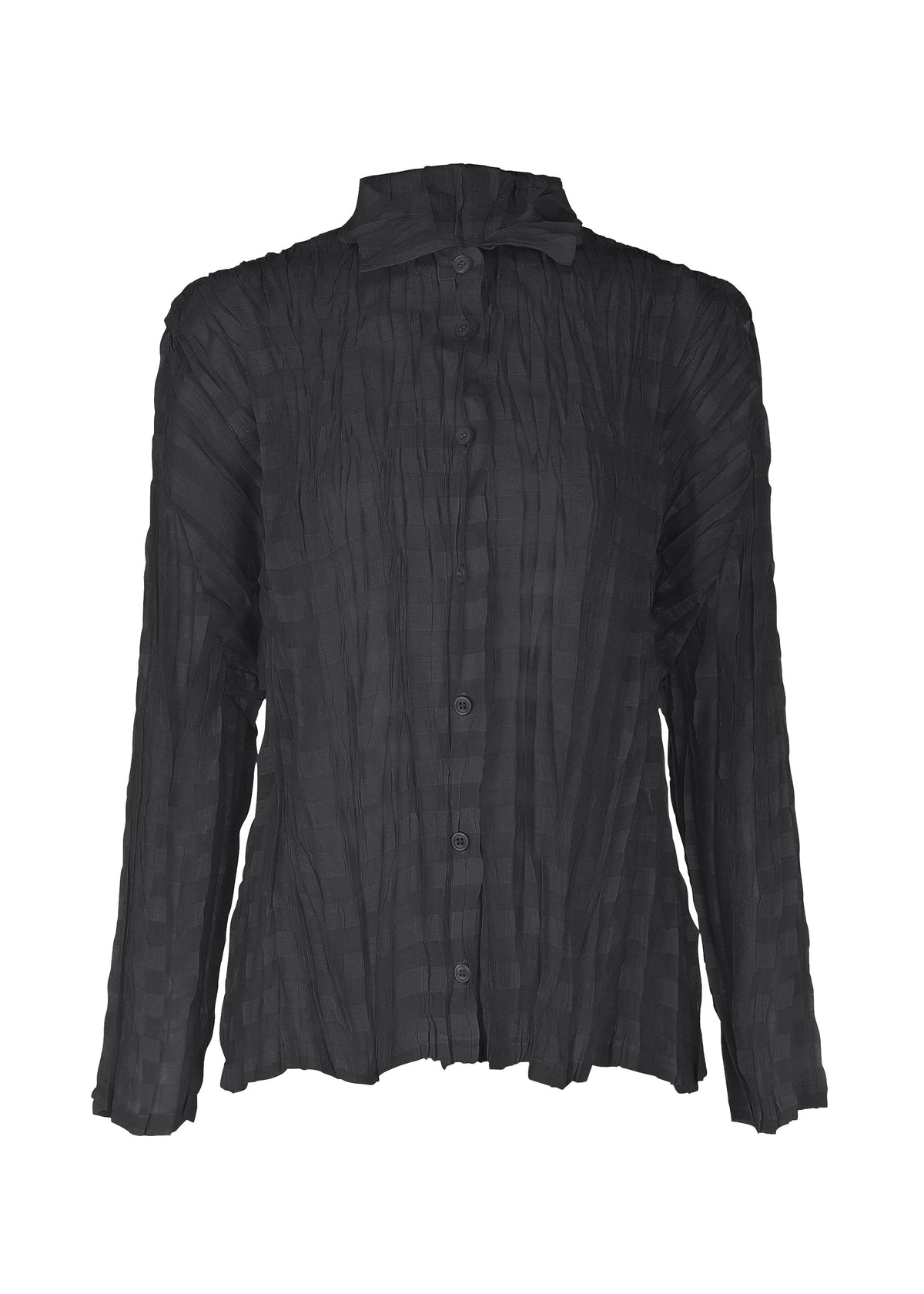 The TWISTED BORDER SHIRT by PLEATS PLEASE ISSEY MIYAKE is a black, long-sleeve sheer lightweight shirt featuring a subtle checkered pattern, button-down front, textured pleats, and a small collar for effortless elegance. view 2 of 8