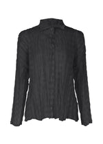 The TWISTED BORDER SHIRT by PLEATS PLEASE ISSEY MIYAKE is a black, long-sleeve sheer lightweight shirt featuring a subtle checkered pattern, button-down front, textured pleats, and a small collar for effortless elegance. - BLACK （no.15）