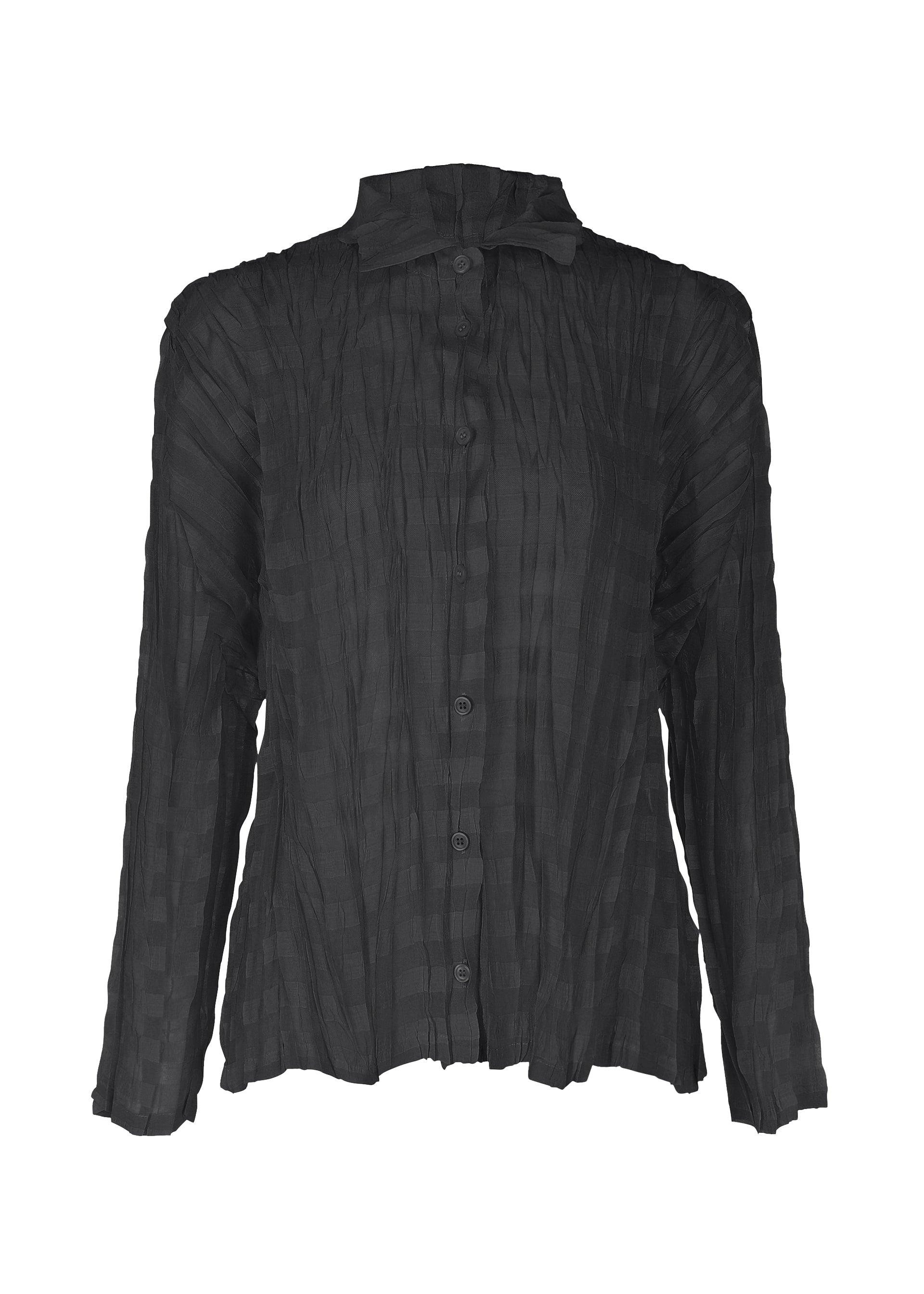 Zoomed view The TWISTED BORDER SHIRT by PLEATS PLEASE ISSEY MIYAKE is a black, long-sleeve sheer lightweight shirt featuring a subtle checkered pattern, button-down front, textured pleats, and a small collar for effortless elegance. - BLACK （no.15）