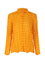 The TWISTED BORDER SHIRT by PLEATS PLEASE ISSEY MIYAKE is a long-sleeved, bright yellow-orange blouse with a checkered, crinkled texture, high collar, breathable lightweight fabric, vertical pleats, and a relaxed fit. - ORANGE （no.32）