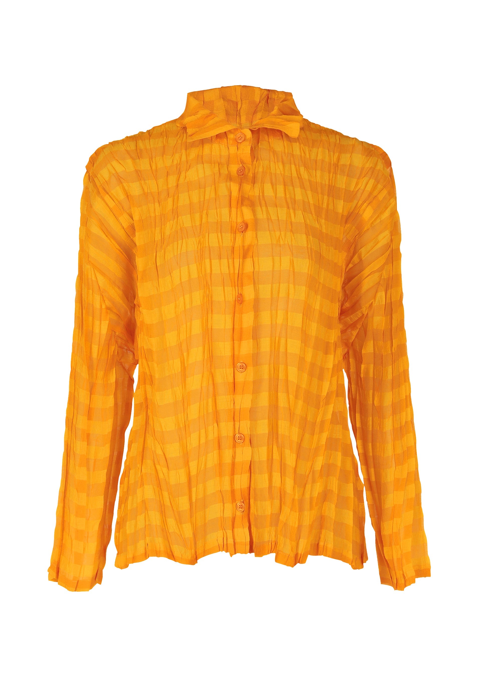 Zoomed view The TWISTED BORDER SHIRT by PLEATS PLEASE ISSEY MIYAKE is a long-sleeved, bright yellow-orange blouse with a checkered, crinkled texture, high collar, breathable lightweight fabric, vertical pleats, and a relaxed fit. - ORANGE （no.32）