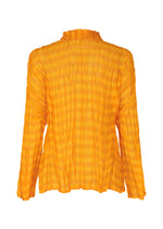 The TWISTED BORDER SHIRT by PLEATS PLEASE ISSEY MIYAKE is a lightweight, sheer orange blouse with crinkled texture and horizontal stripes. Shown from the back, it has a loose fit, ruffled collar, and offers breathable comfort for versatile styling.
