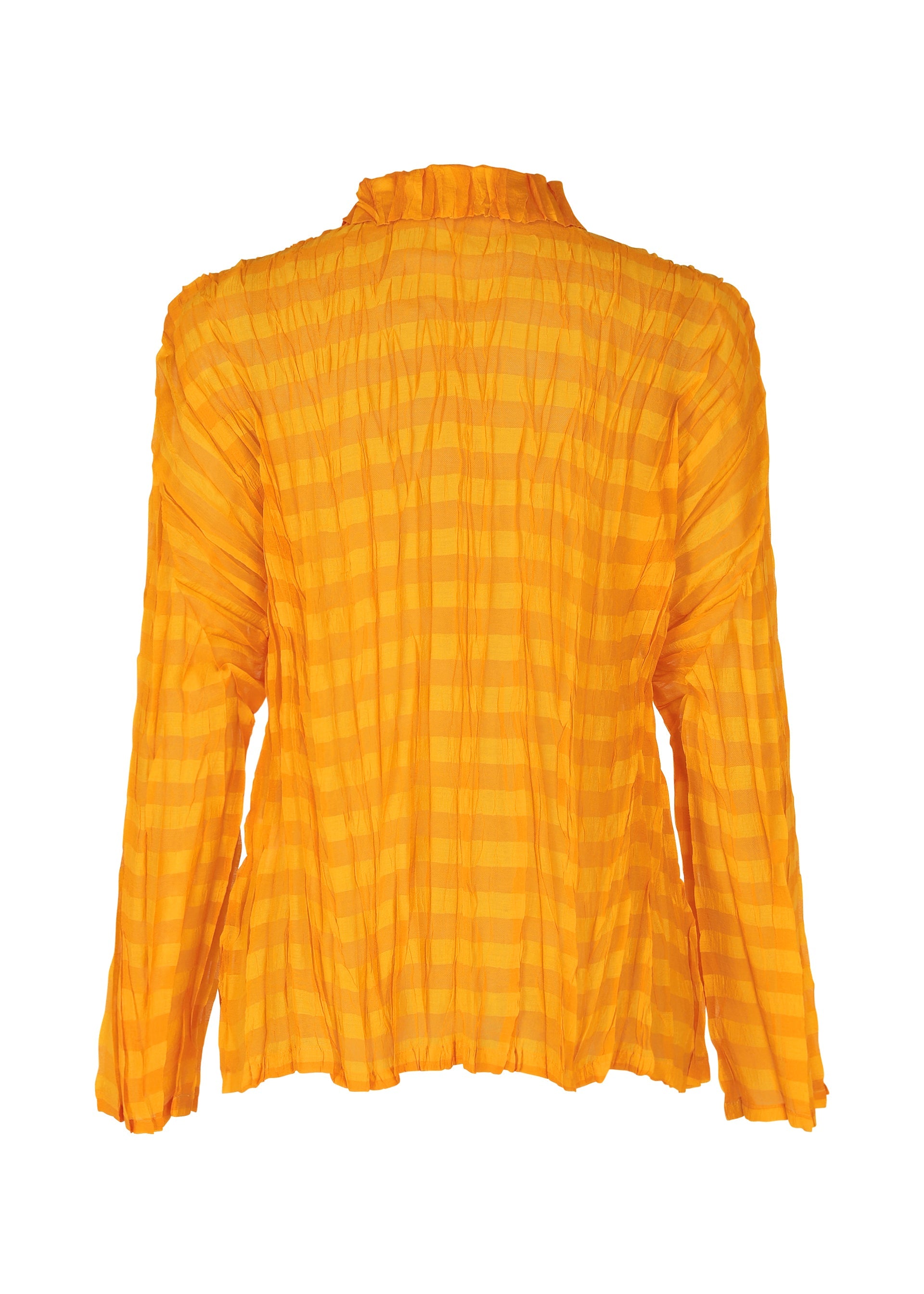 Zoomed view The TWISTED BORDER SHIRT by PLEATS PLEASE ISSEY MIYAKE is a lightweight, sheer orange blouse with crinkled texture and horizontal stripes. Shown from the back, it has a loose fit, ruffled collar, and offers breathable comfort for versatile styling.