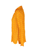 The TWISTED BORDER SHIRT by PLEATS PLEASE ISSEY MIYAKE is a sheer, lightweight long-sleeve button-up with a bright yellow-orange checkered pattern, shown from the side against a plain white background.