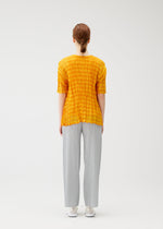 A person with tied-back hair, wearing the TWISTED BORDER SHIRT by PLEATS PLEASE ISSEY MIYAKE and light gray pleated pants, stands facing away from the camera against a plain white background.