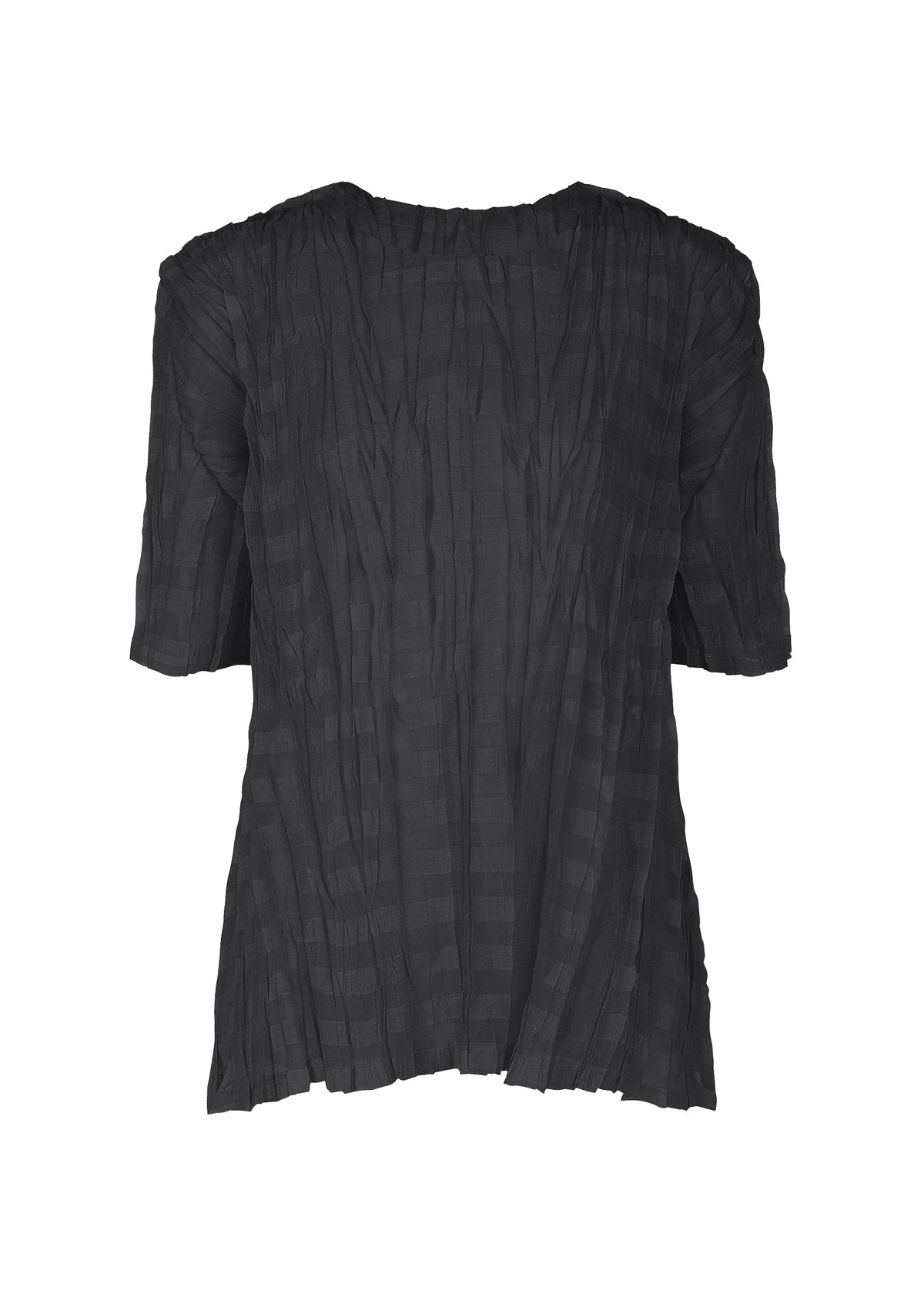 The TWISTED BORDER SHIRT by PLEATS PLEASE ISSEY MIYAKE is a short-sleeved black top featuring pleated, textured fabric and a breathable round-neck design, shown against a plain white background. view 2 of 8