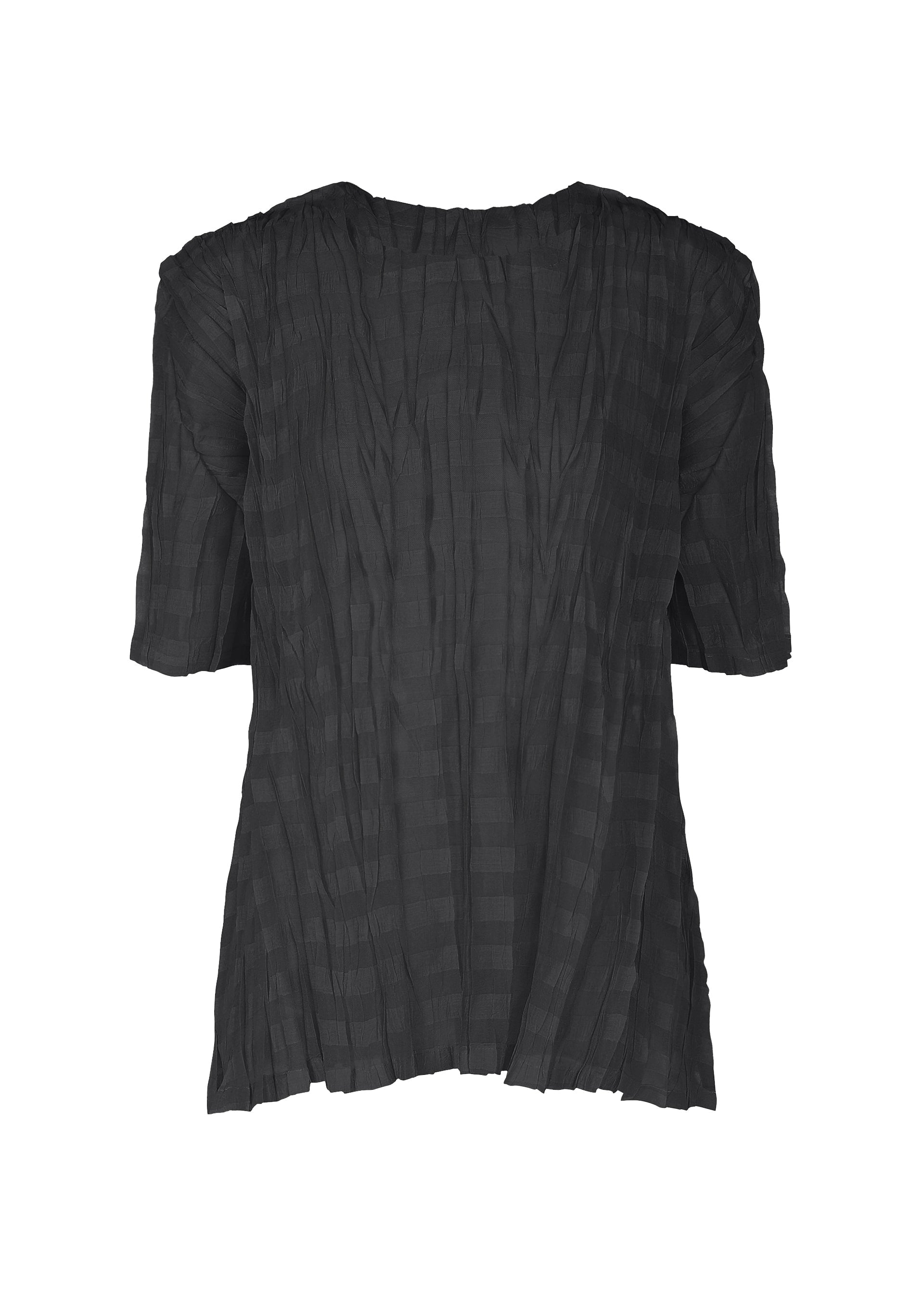 Zoomed view The TWISTED BORDER SHIRT by PLEATS PLEASE ISSEY MIYAKE is a short-sleeved black top featuring pleated, textured fabric and a breathable round-neck design, shown against a plain white background. - BLACK （no.15）